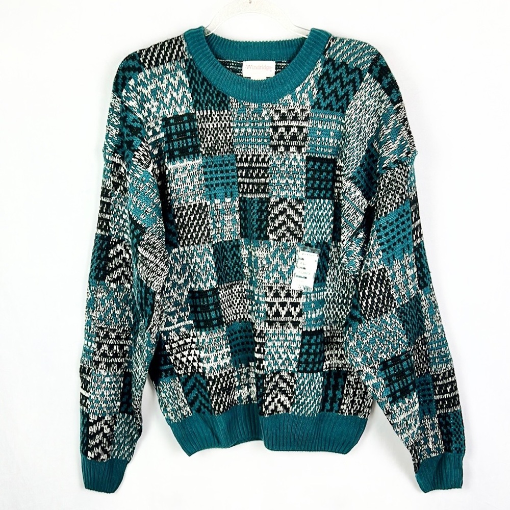 WINDRIDGE |✨VINTAGE 90s✨ Teal Black Heather Checkered Print Crewneck Sweater NWT